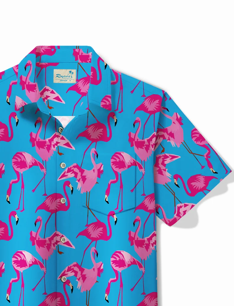 Royaura® Beach Blue Men's Hawaiian Shirt Flamingo Stretch Plus Size Aloha Camp Pocket Shirt