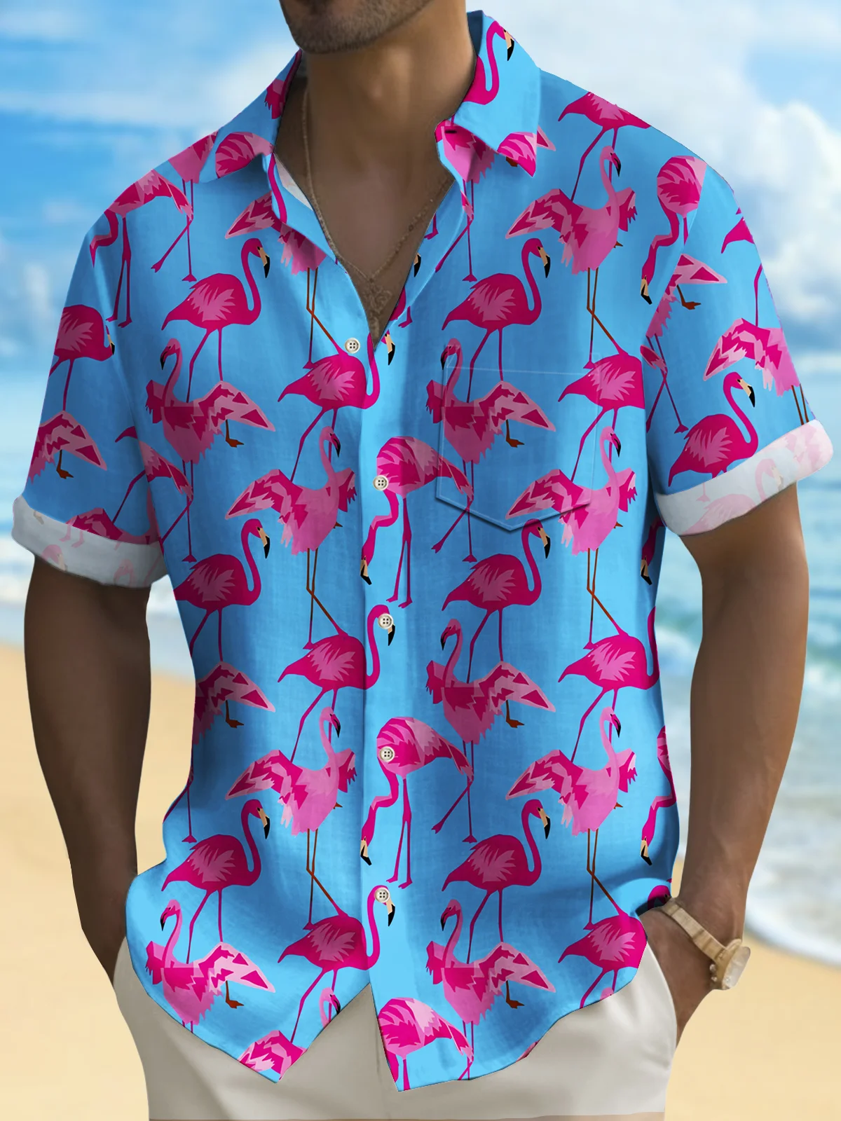 Royaura® Beach Blue Men's Hawaiian Shirt Flamingo Stretch Plus Size Aloha Camp Pocket Shirt