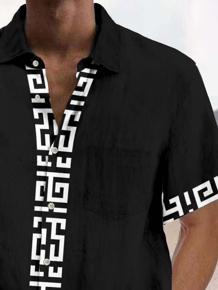 Royaura® Vintage Geometric Baroque Print Chest Pocket Shirt Plus Size Men's Shirt