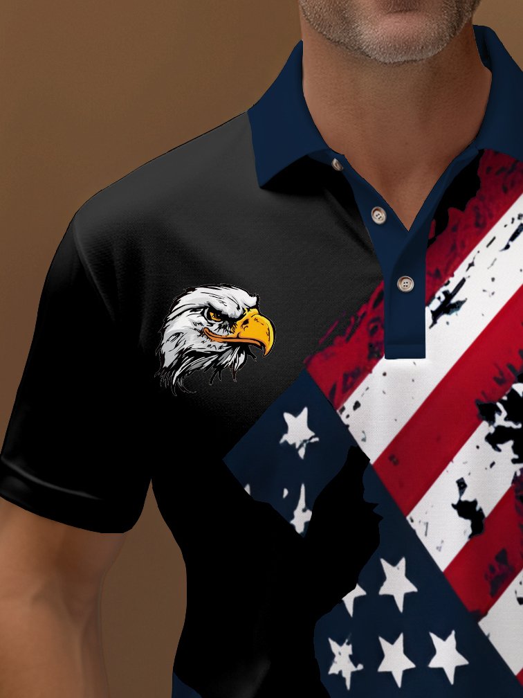 Royaura® Holiday American Flag Eagle Print Polo Shirt Stretch Comfort Camping Pullover Polo Shirt Big Tall