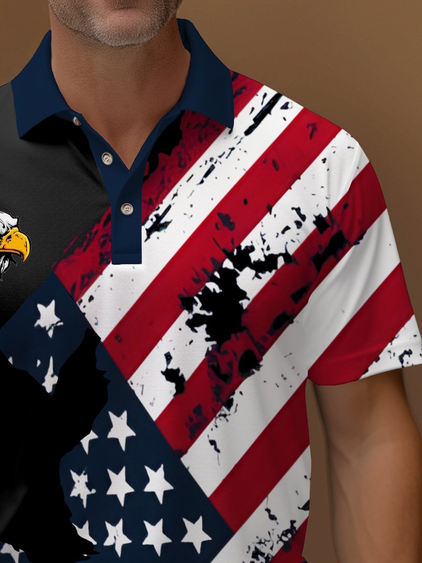 Royaura® Holiday American Flag Eagle Print Polo Shirt Stretch Comfort Camping Pullover Polo Shirt Big Tall