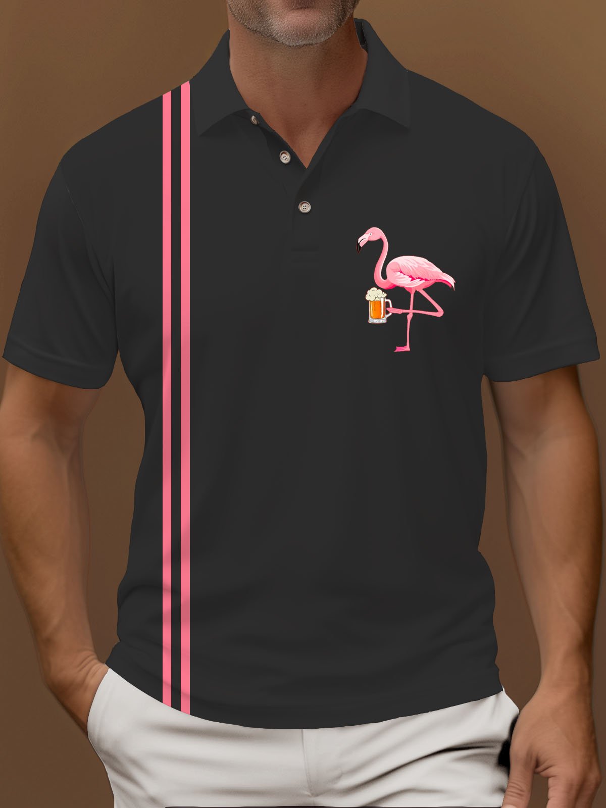 Royaura® Retro Flamingo Bowling Stripe Print Men's Button Stripe Short Sleeve Polo Shirt