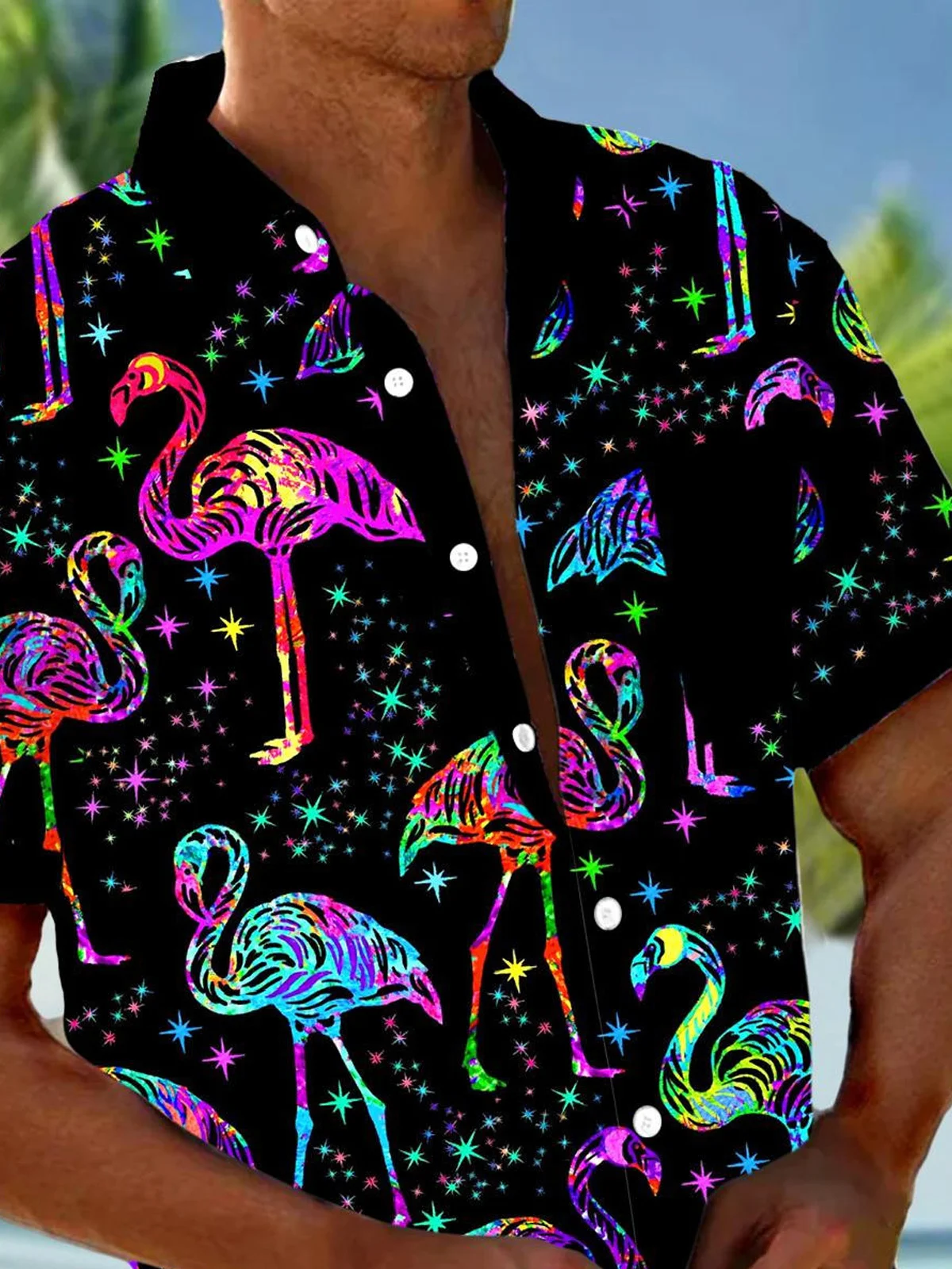 Royaura® Vacation Beach Neon Flamingo Men's Hawaiian Shirt Pocket Camp Shirt Big Tall