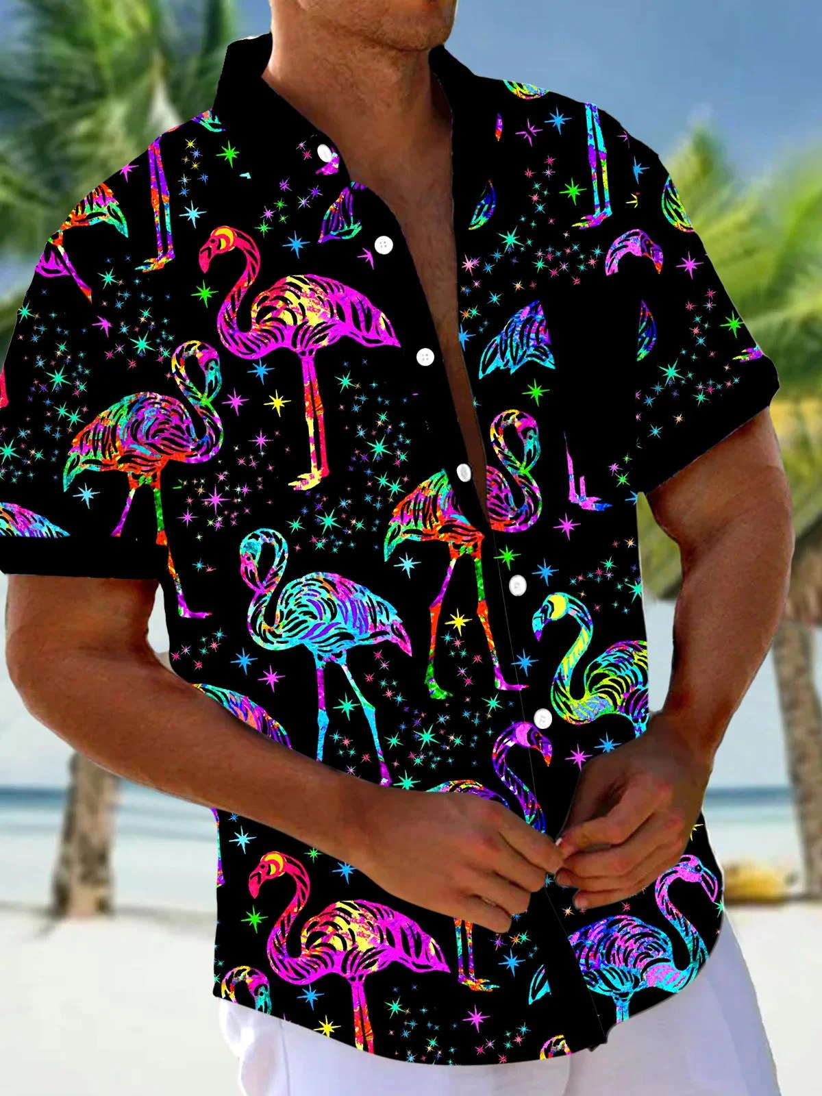 Royaura® Vacation Beach Neon Flamingo Men's Hawaiian Shirt Pocket Camp Shirt Big Tall