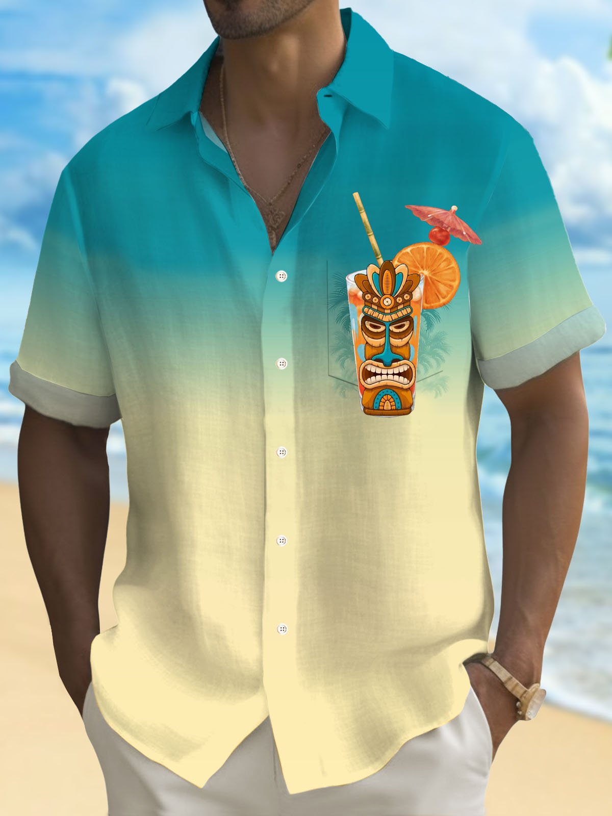 Royaura® Hawaiian Tiki Cocktail Print Men's Button Pocket Short Sleeve Shirt