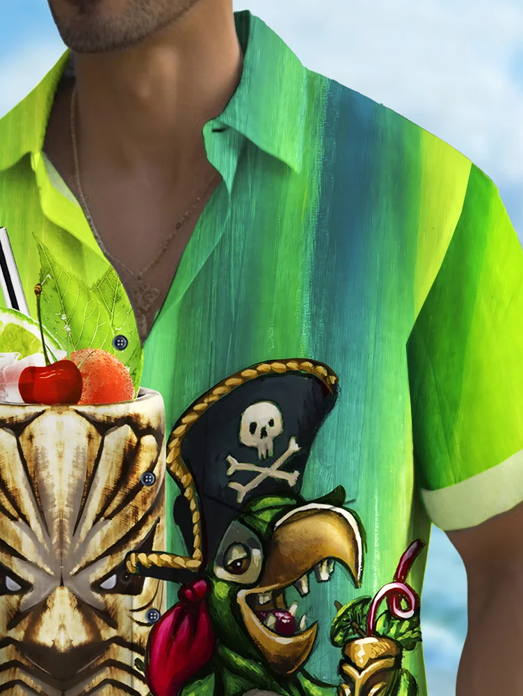 Royaura® Beach Vacation Men's Hawaiian Shirt Tiki Wine Glass Pirate Parrot Print Tiki Bar Bartender Pocket Camping Shirt Big Tall