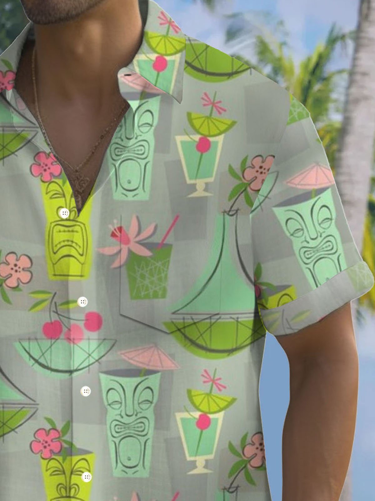 Royaura® Hawaiian Tiki Artist Cocktail Printed Men's Button Pocket Short Sleeve Shirt