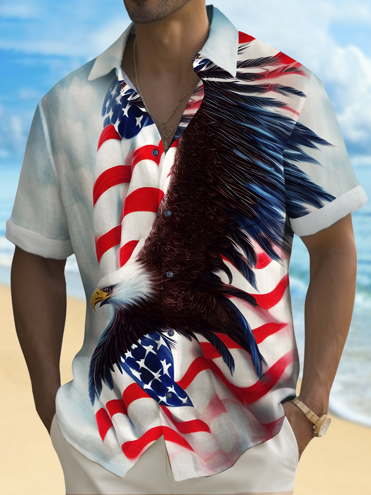 Royaura® Holiday Men's Independence Day Flag Eagle Print Casual Breathable Short Sleeve Shirt Big Tall