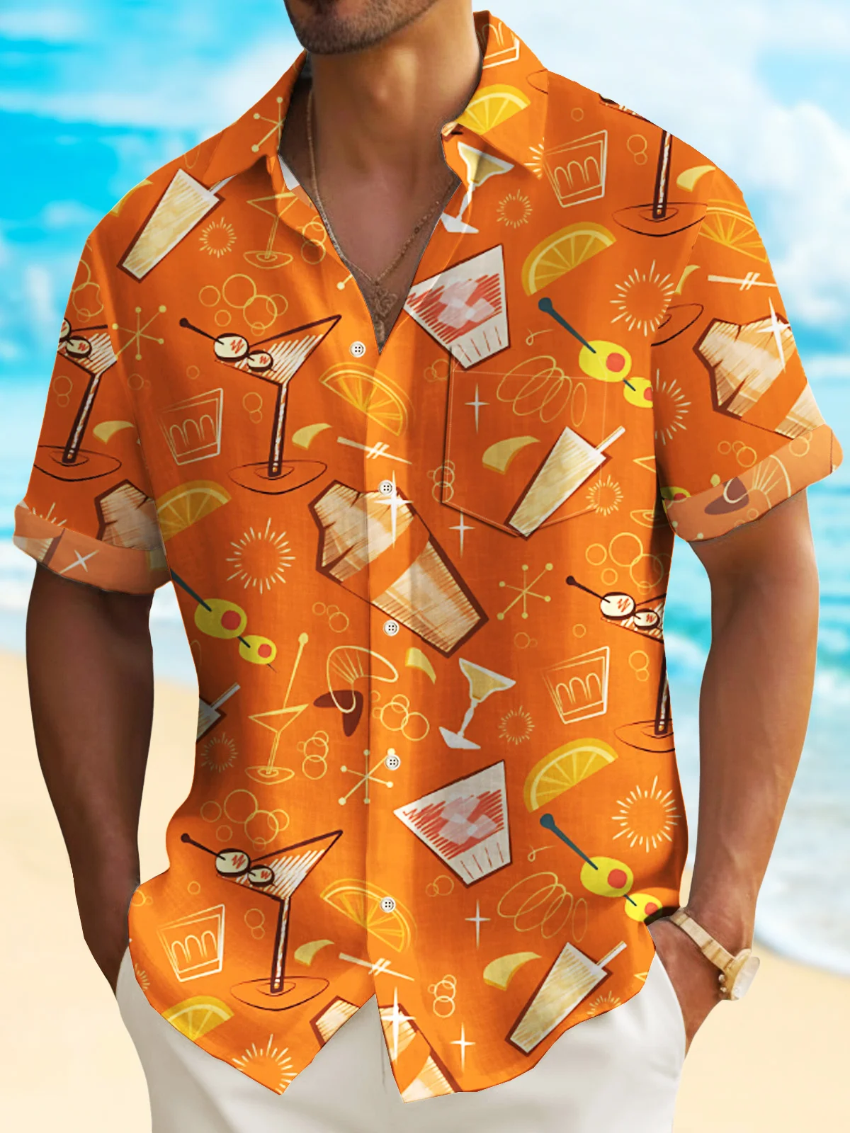 Royaura®  Beach Vacation Cocktail Men's Hawaiian Shirt Bartender Art Camp Pocket Shirt Big Tall