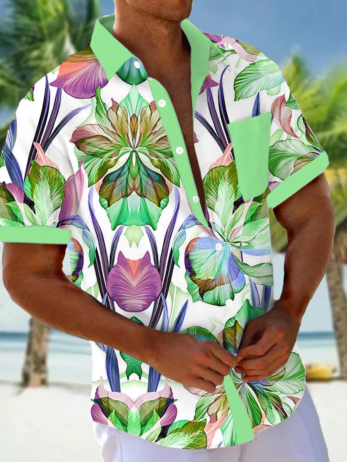 Royaura®Hawaiian Floral Print Men's Button Pocket Short Sleeve Shirt