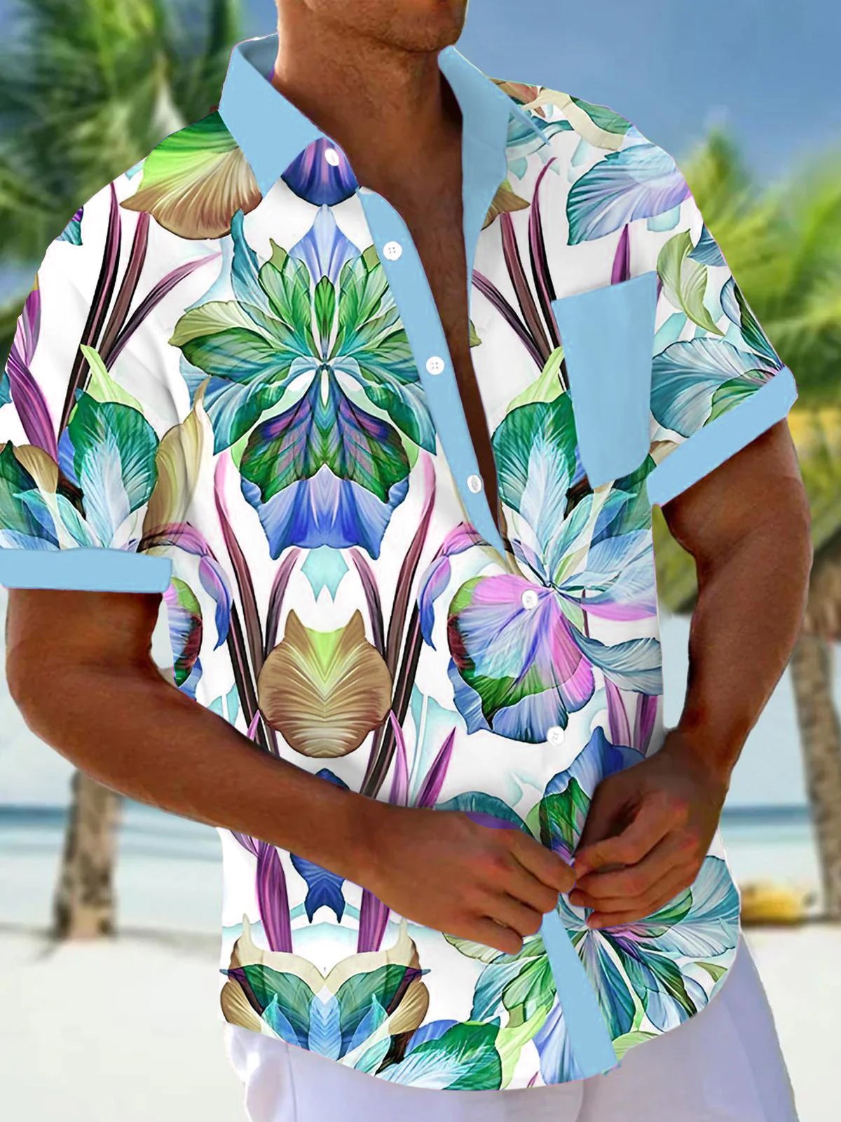 Royaura®Hawaiian Floral Print Men's Button Pocket Short Sleeve Shirt