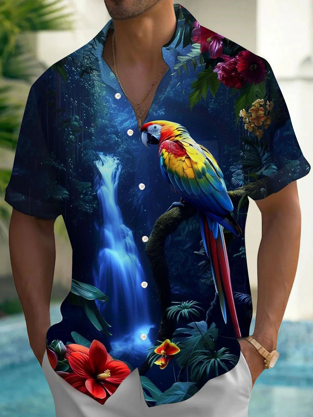 Royaura®  Hawaiian Parrot Print Men's Button Pocket Short Sleeve Shirt