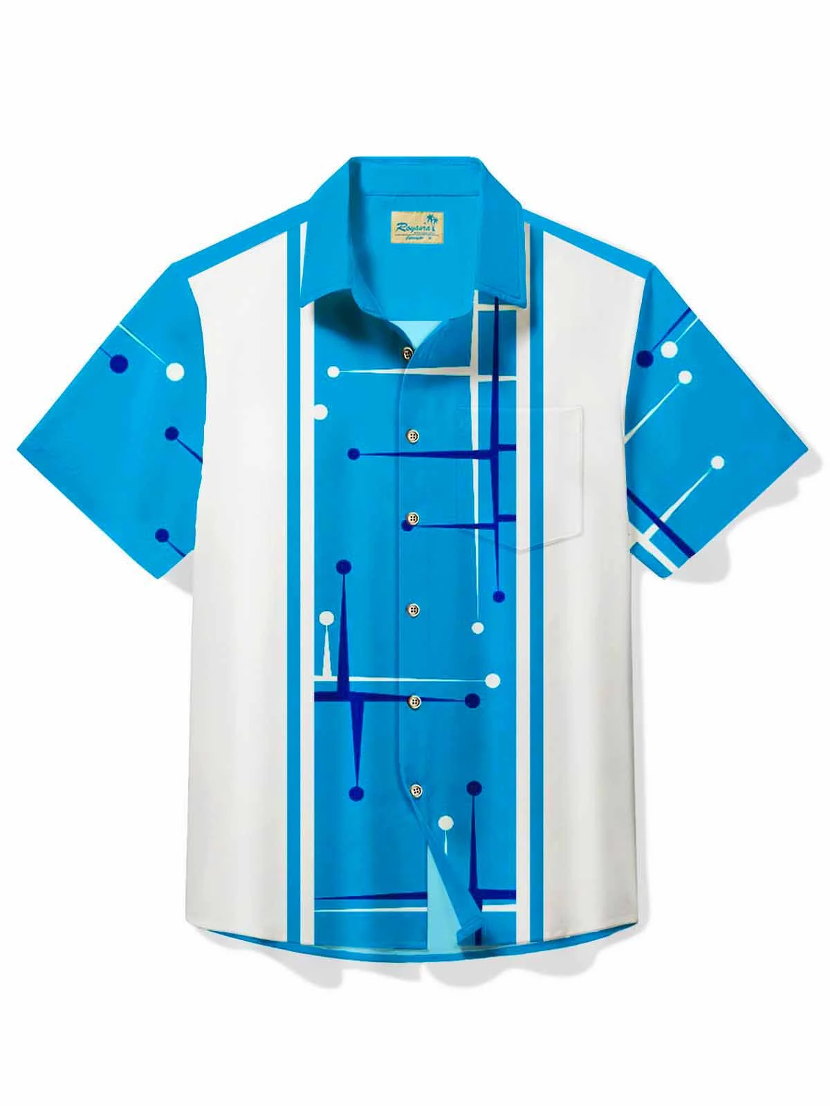 Royaura®  50's Retro Mid-Century Geometric Men's Bowling Shirt Stretch Pocket Camp Shirt Big Tall