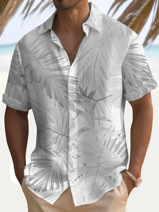 Royaura® Beach Vacation Tropical Leaves Men's Hawaiian Shirt Stretch ...