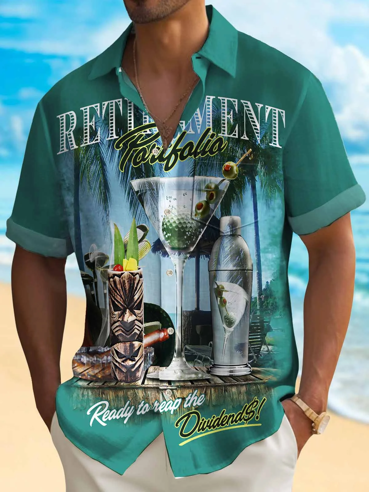 Royaura® Beach Vacation Tiki Bar Men's Hawaiian Shirt Quick Drying Surf Pocket Bartender Art Shirt Big Tall