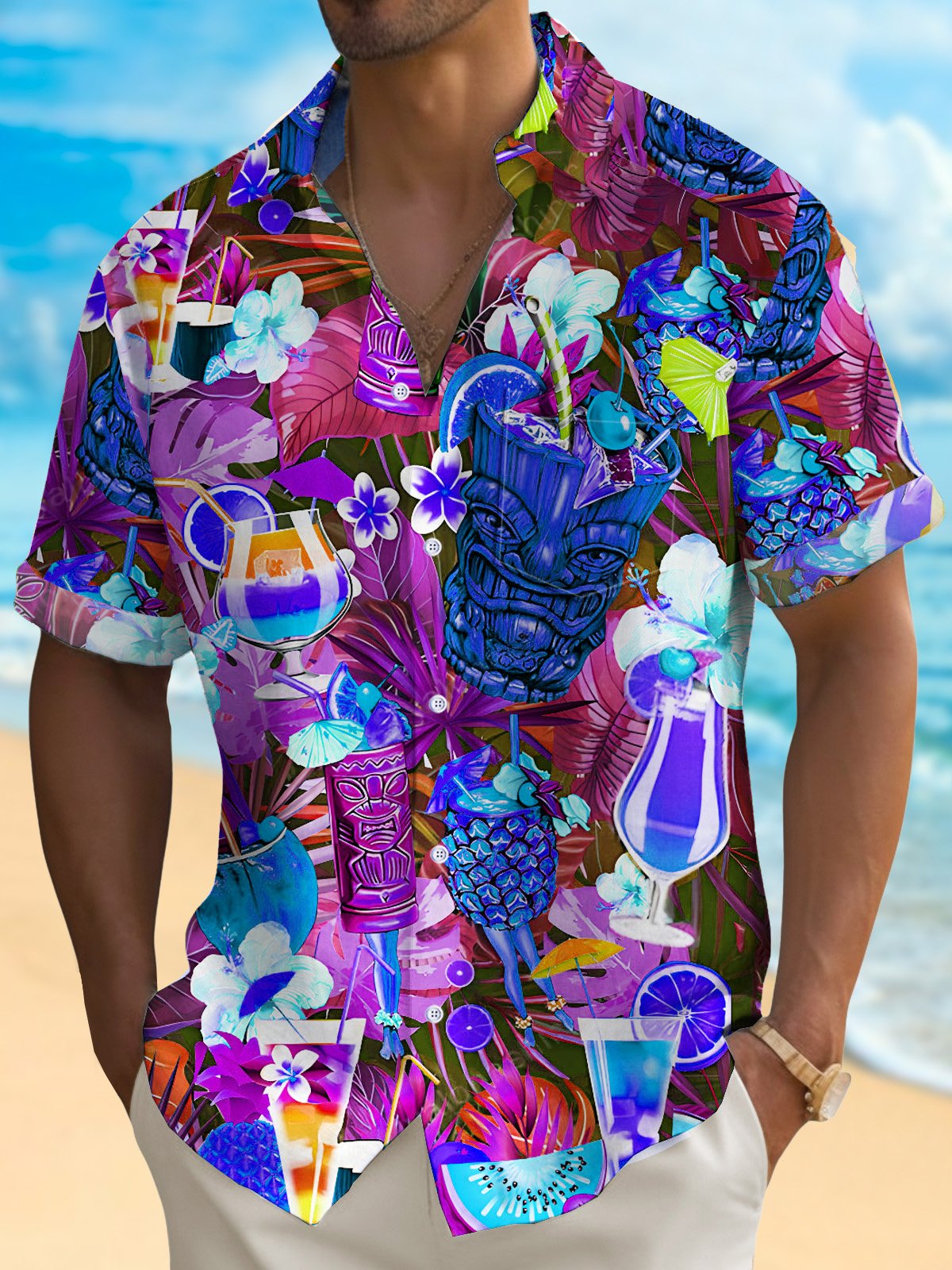 Royaura® Beach Vacation Tiki Cup Men's Hawaiian Shirt Stretch Quick Dry Camp Tropical Cocktail Shirt Big Tall