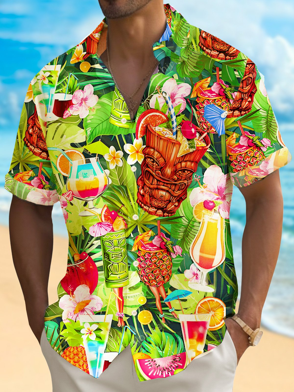 Royaura® Beach Vacation Tiki Cup Men's Hawaiian Shirt Stretch Quick Dry Camp Tropical Cocktail Shirt Big Tall