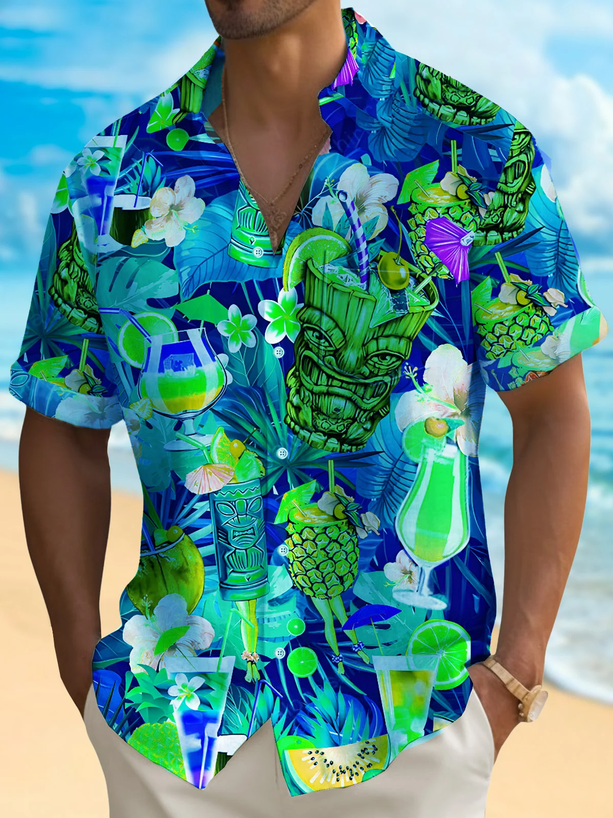 Royaura® Beach Vacation Tiki Cup Men's Hawaiian Shirt Stretch Quick Dry Camp Tropical Cocktail Shirt Big Tall