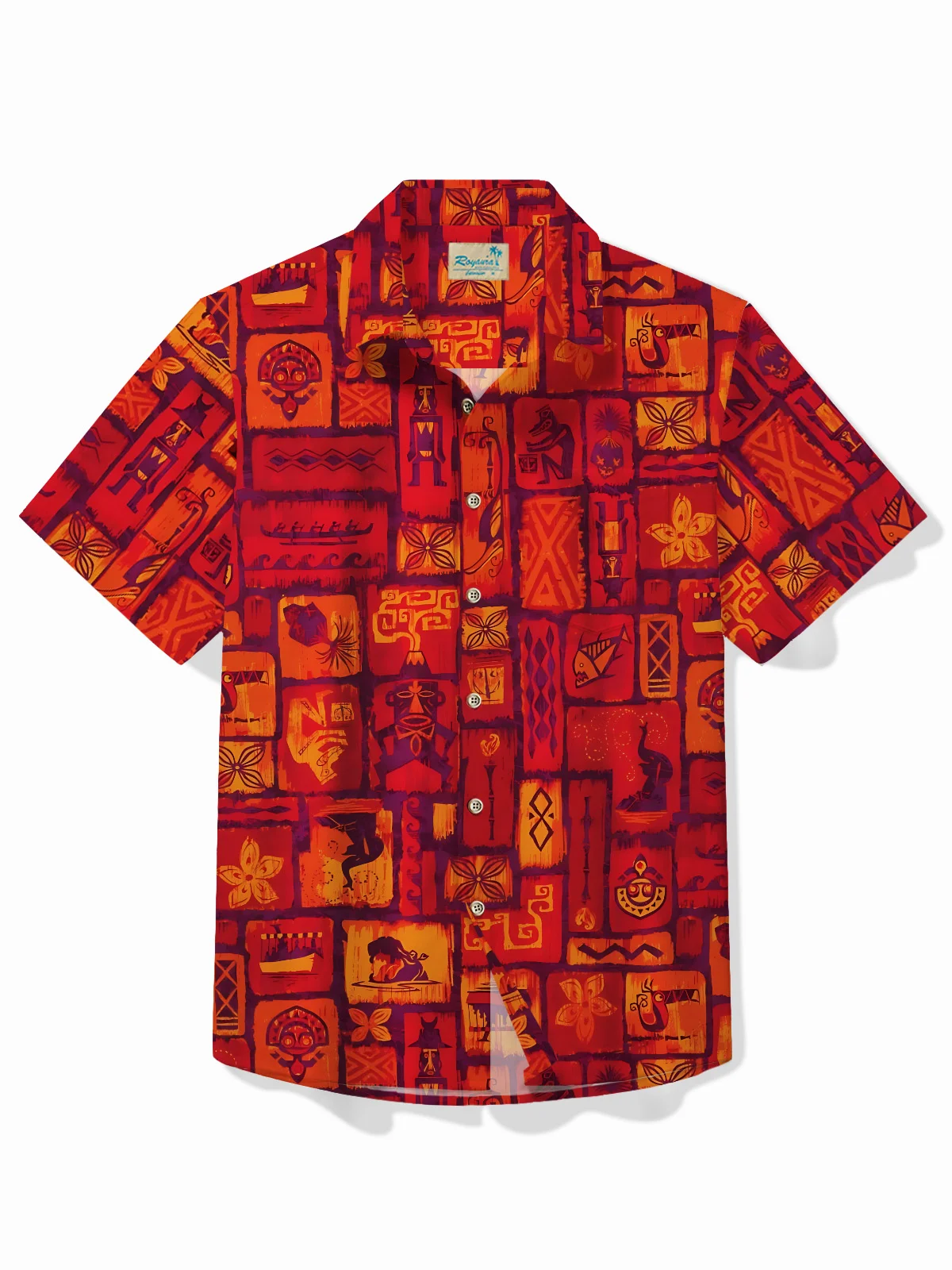 Royaura® Vintage Tiki Sculptor Men's Hawaiian Shirt Posinisian Geometric Stretch Quick Dry Pocket Camp Shirt Big Tall