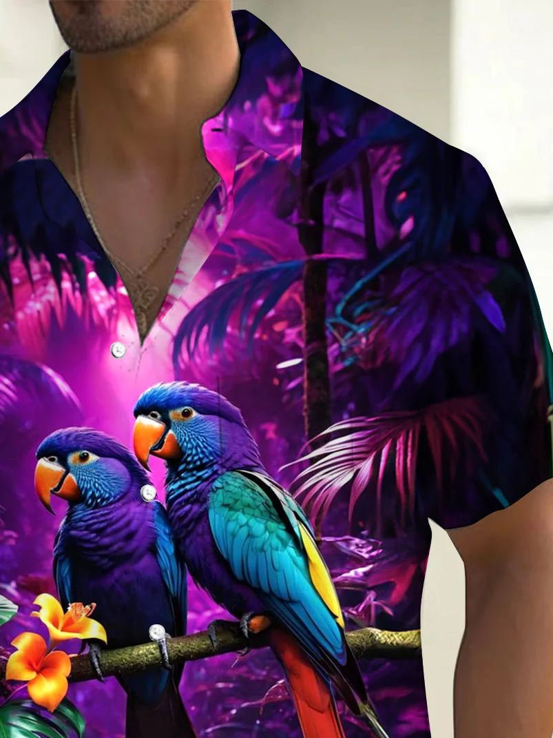 Royaura® Beach Vacation Men's Hawaiian Shirt Parrot Print Pocket Camping Shirt Big Tall