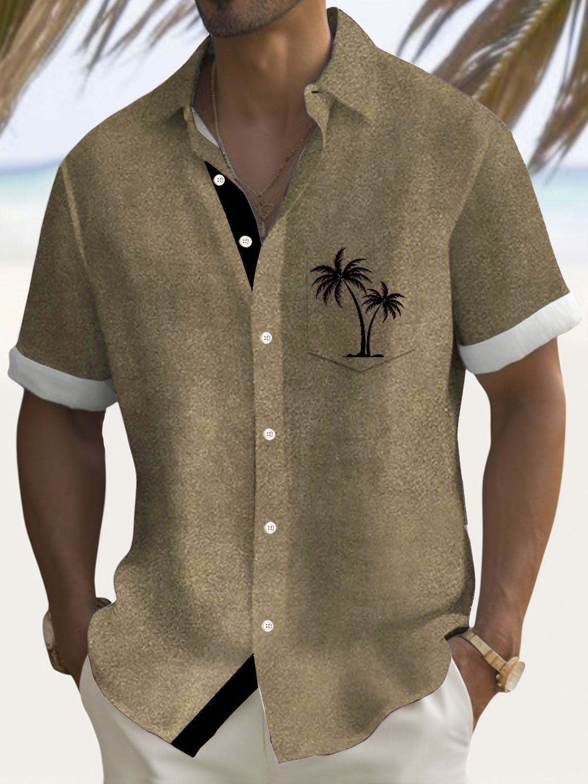 Royaura®  Hawaiian Coconut Tree Washed Texture Print Men's Button Pocket Short Sleeve Shirt