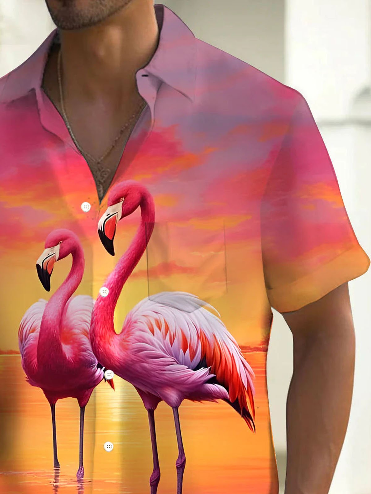 Royaura® Hawaiian Flamingo Gradient 3D Print Men's Button Pocket Short Sleeve Shirt