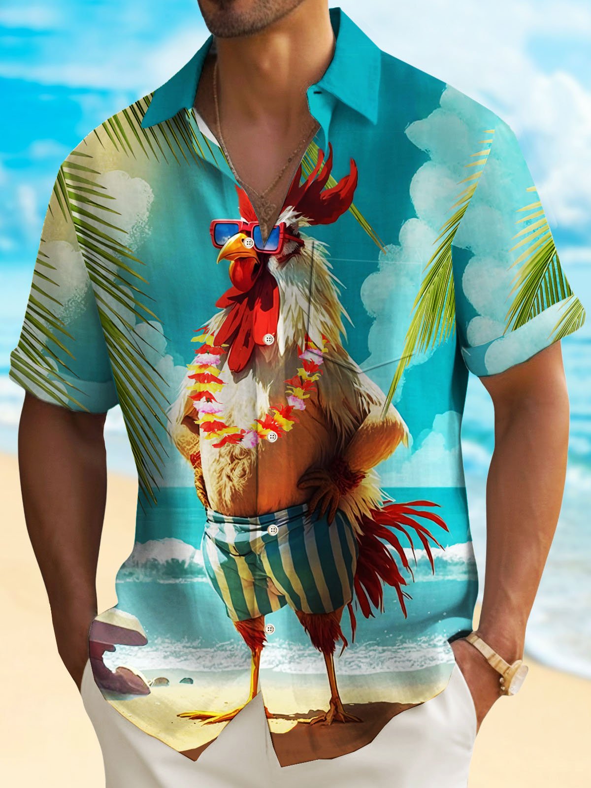 Royaura® Beach Vacation Men's Hawaiian Shirt Rooster Cartoon Art Quick Drying Stretch Pocket Shirt Big Tall