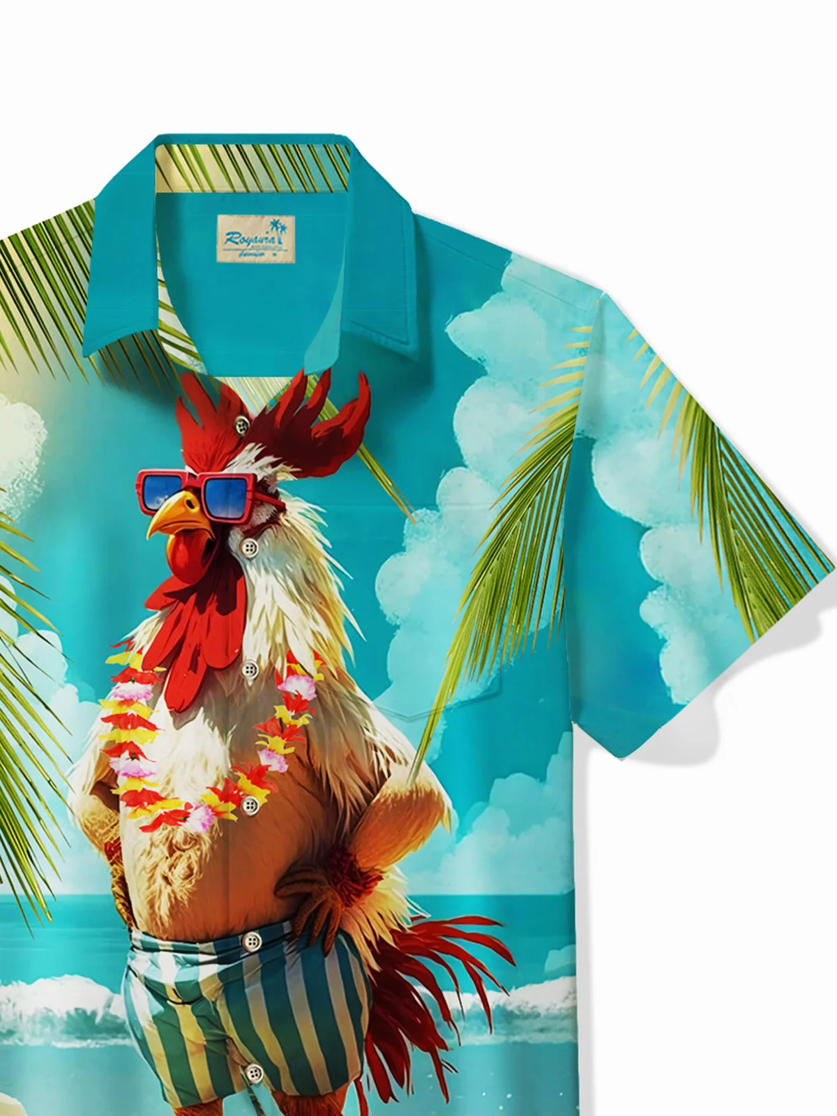 Royaura® Beach Vacation Men's Hawaiian Shirt Rooster Cartoon Art Quick Drying Stretch Pocket Shirt Big Tall