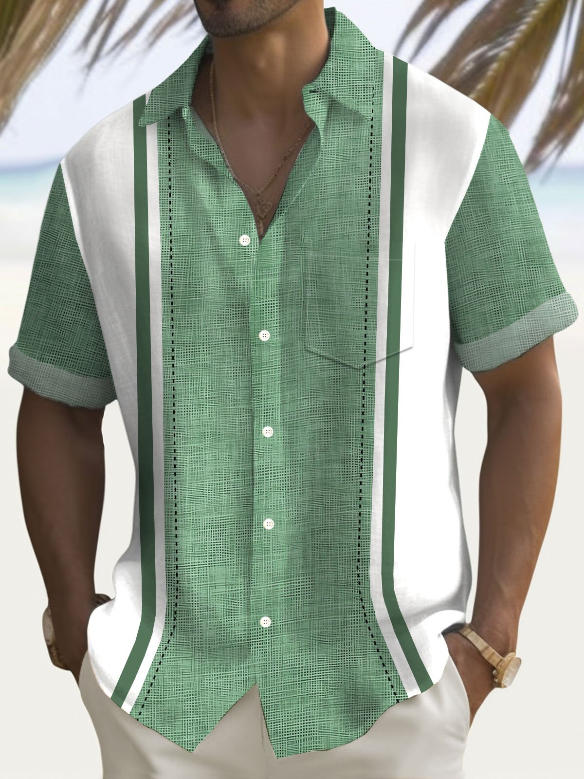Royaura® Retro Textured Bowling 3D Print Men's Button Pocket Short Sleeve Shir