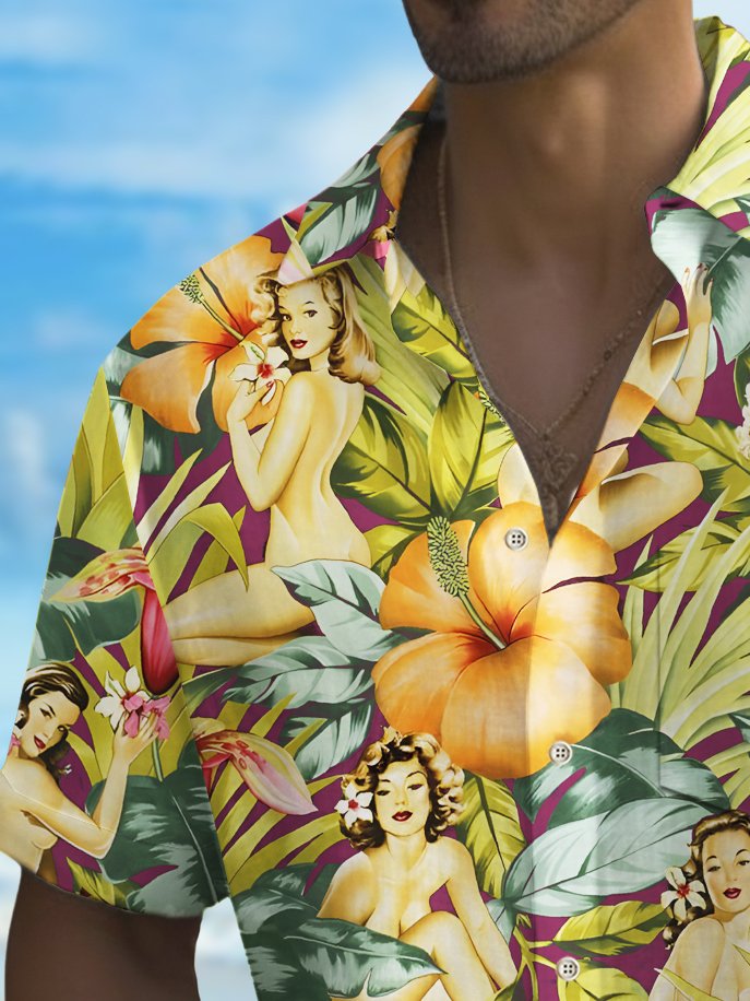 Royaura® Beach Vacation Men's Hawaiian Shirt Floral Pin Up Girl Print Pocket Camping Shirt Big Tall