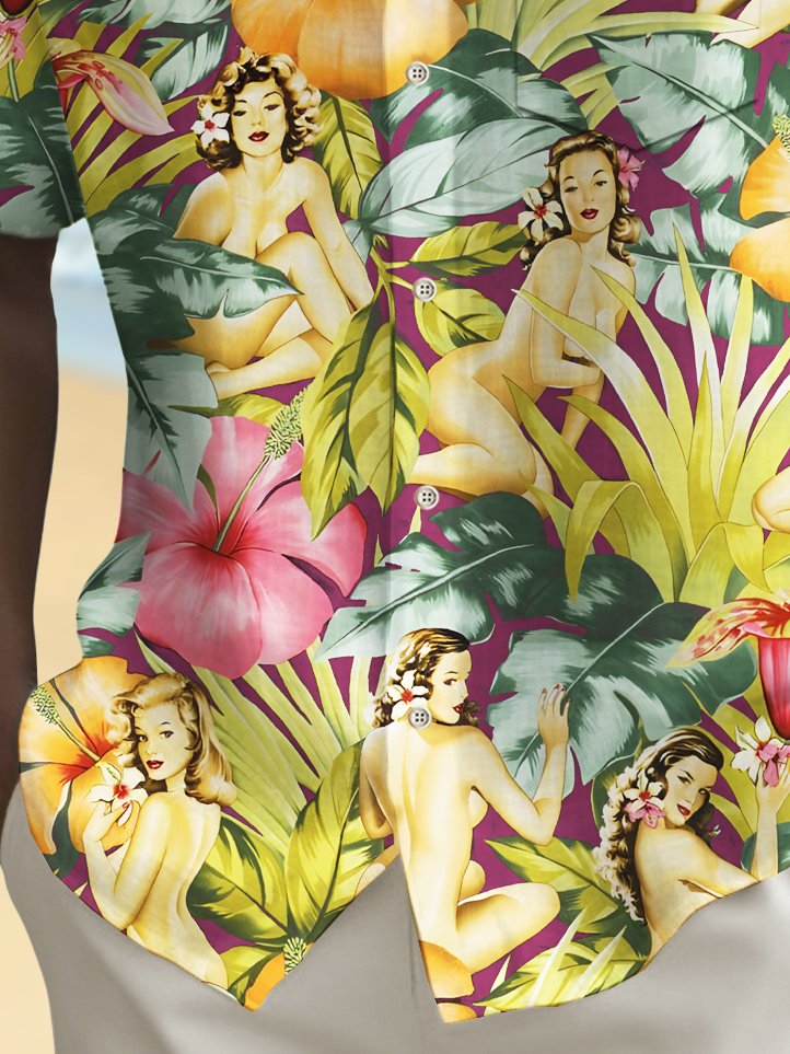 Royaura® Beach Vacation Men's Hawaiian Shirt Floral Pin Up Girl Print Pocket Camping Shirt Big Tall