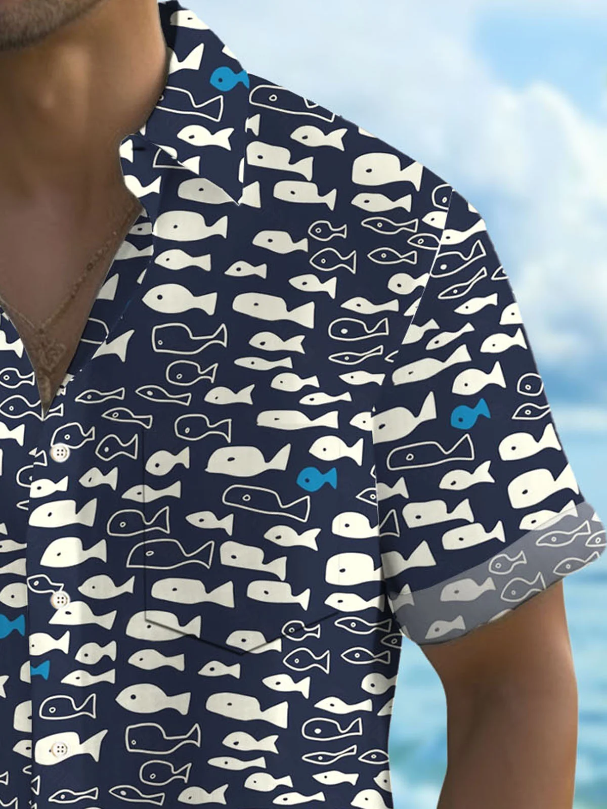 Royaura® Hawaiian Fun Fish Print Men's Button Pocket Short Sleeve Shirt