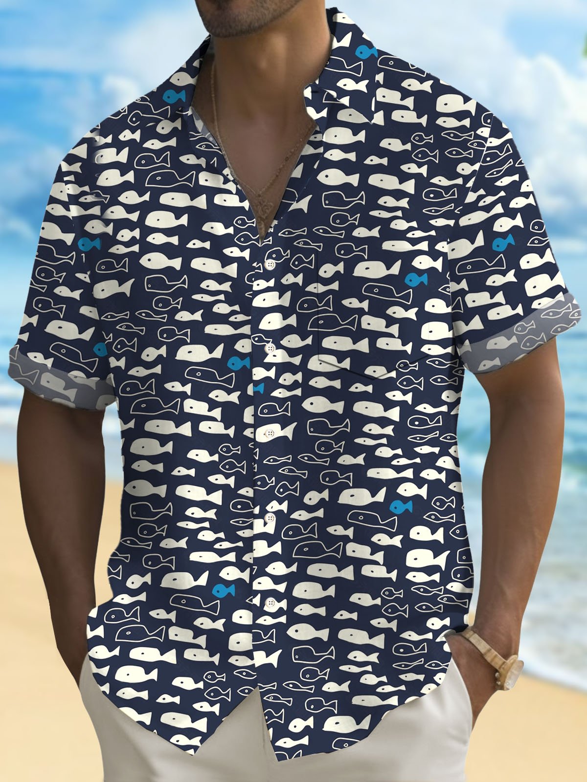 Royaura® Hawaiian Fun Fish Print Men's Button Pocket Short Sleeve Shirt