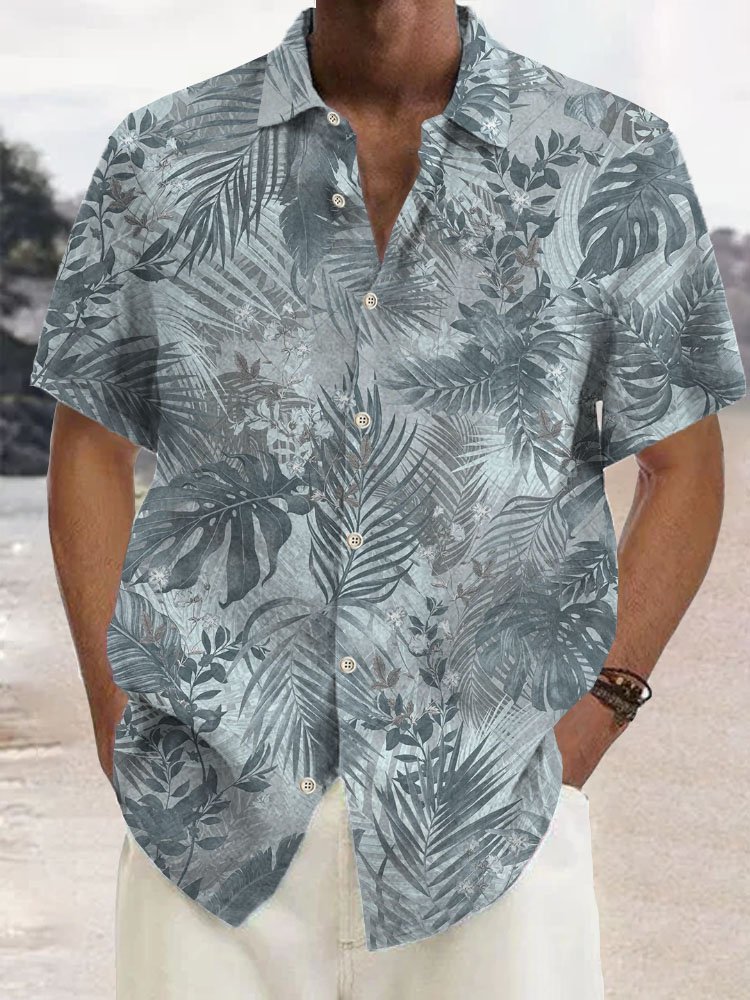 Royaura® Hawaii Plant Leaves Gradient Print Men's Button Pocket Short Sleeve Shirt