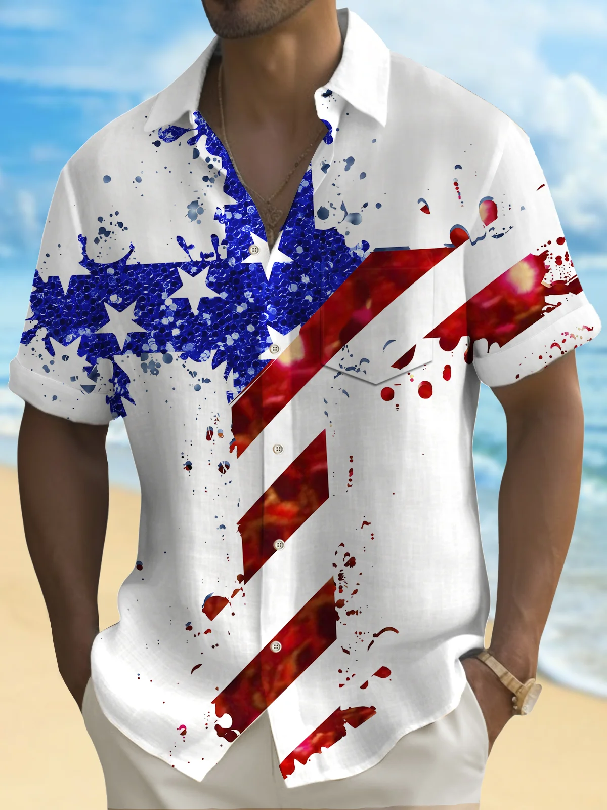 Royaura®  Holiday Men's Independence Day Flag Cross Print Casual Breathable Short Sleeve Shirt Big Tall