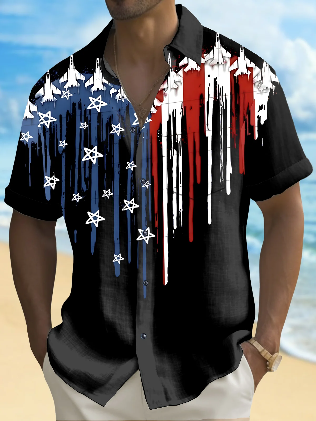 Royaura® Holiday Men's Independence Day Airplane Flag Printed Casual Breathable Short Sleeve Shirt Big Tall