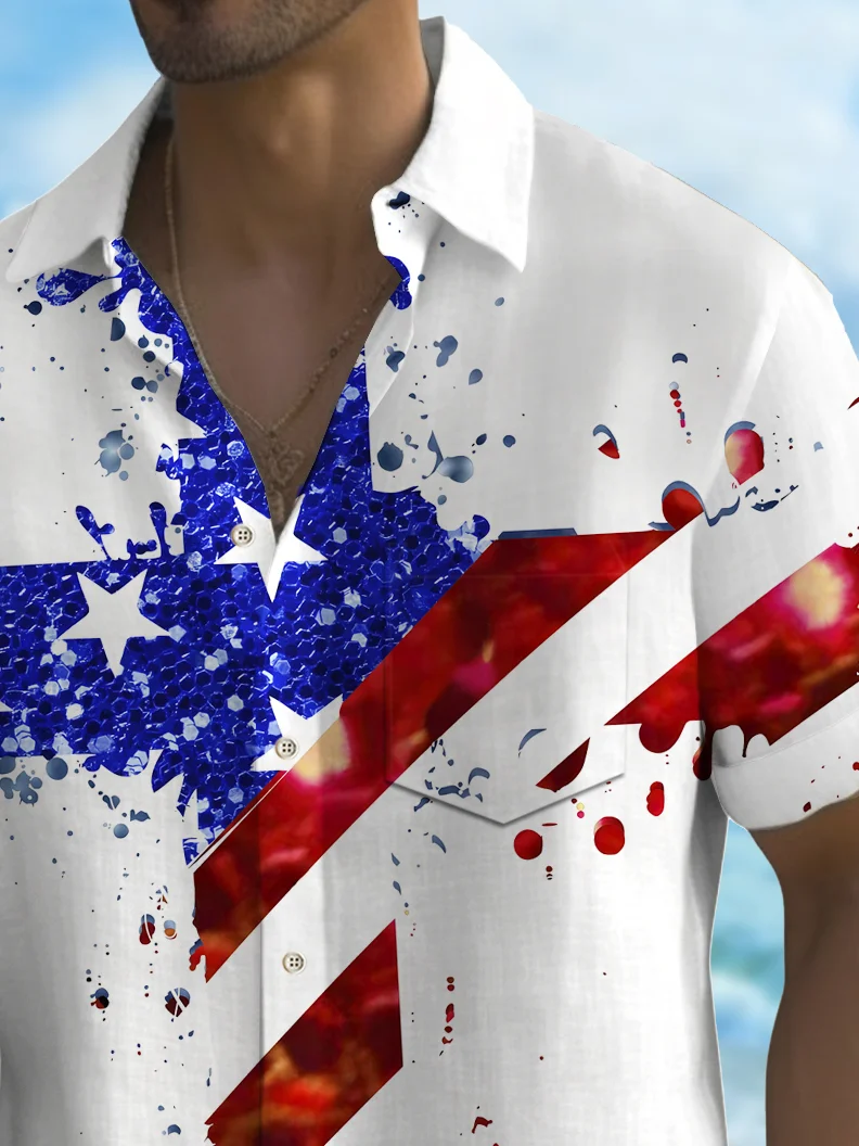 Royaura®  Holiday Men's Independence Day Flag Cross Print Casual Breathable Short Sleeve Shirt Big Tall