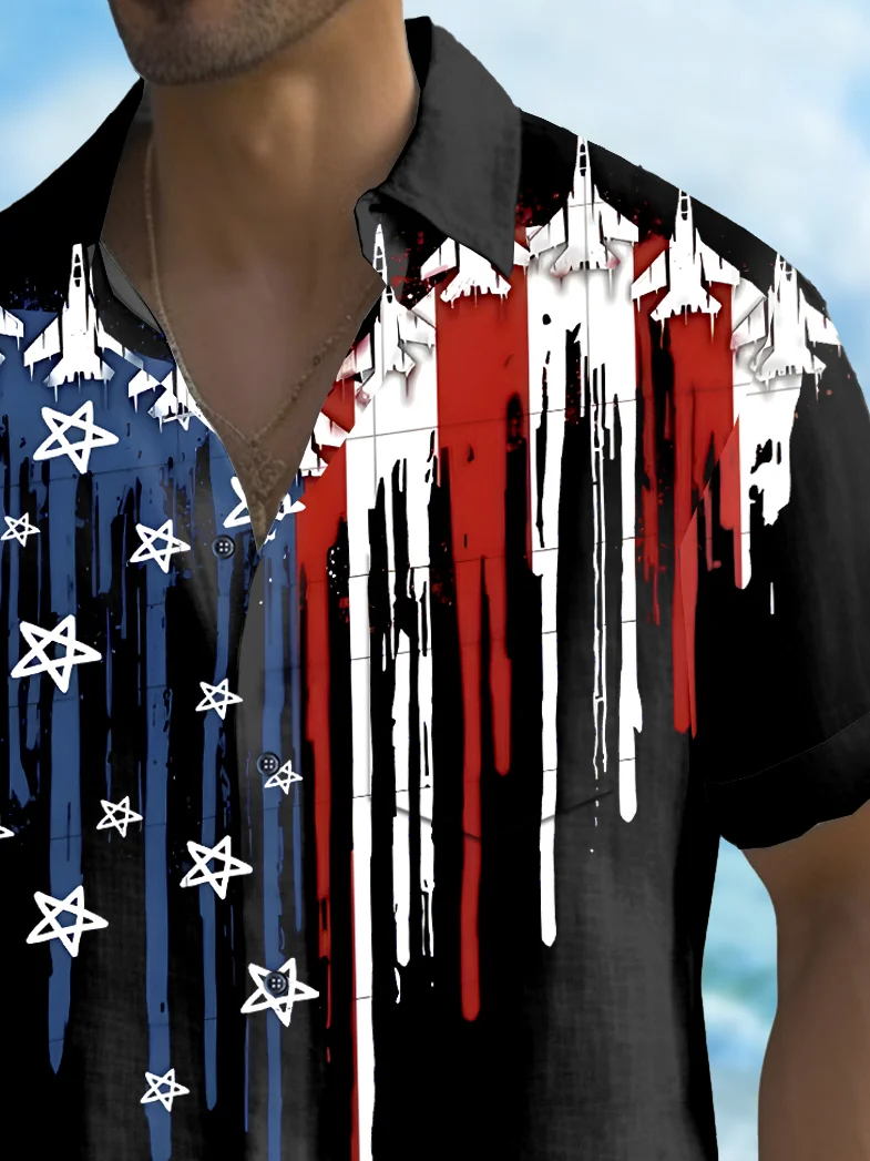 Royaura® Holiday Men's Independence Day Airplane Flag Printed Casual Breathable Short Sleeve Shirt Big Tall