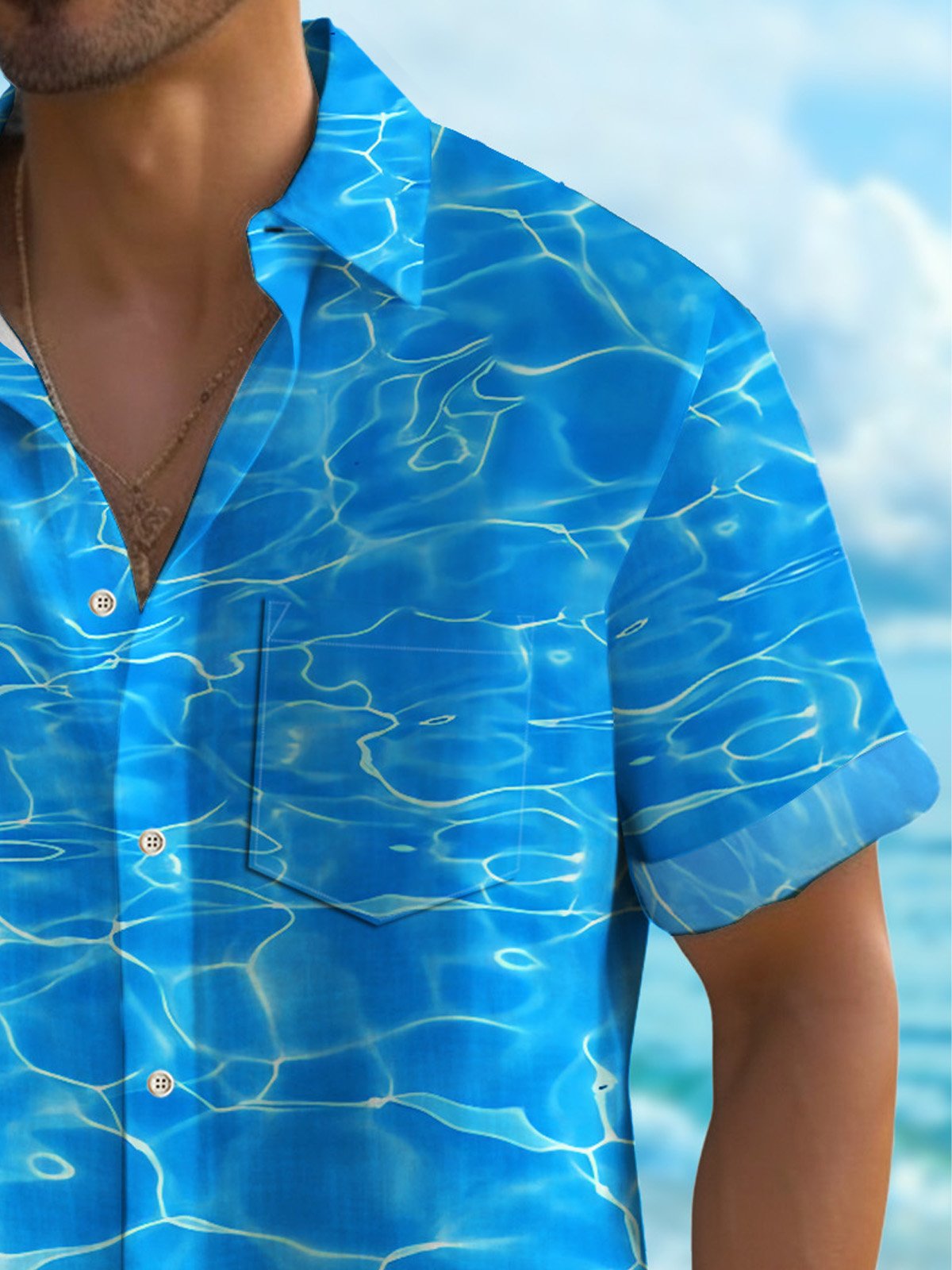 Royaura®  Abstract Water Wave Men's Hawaiian Shirt Stretch Quick-Dry Camping Pocket Shirt Big Tall