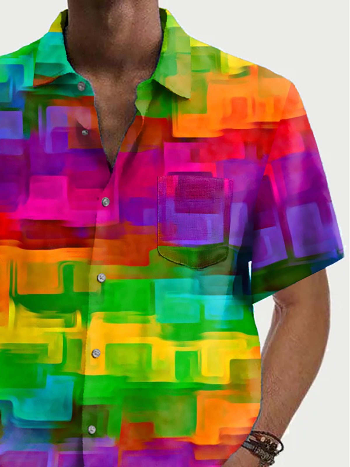 Royaura® Abstract Rainbow Geometric Men's Hawaiian Shirt Stretch Quick-Dry Camping Pocket Shirt Big Tall