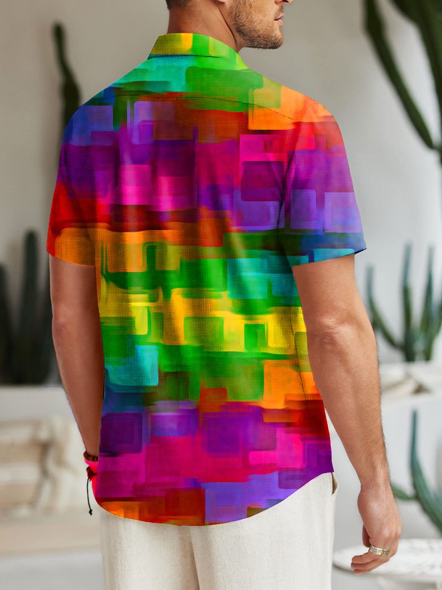 Royaura® Abstract Rainbow Geometric Men's Hawaiian Shirt Stretch Quick-Dry Camping Pocket Shirt Big Tall