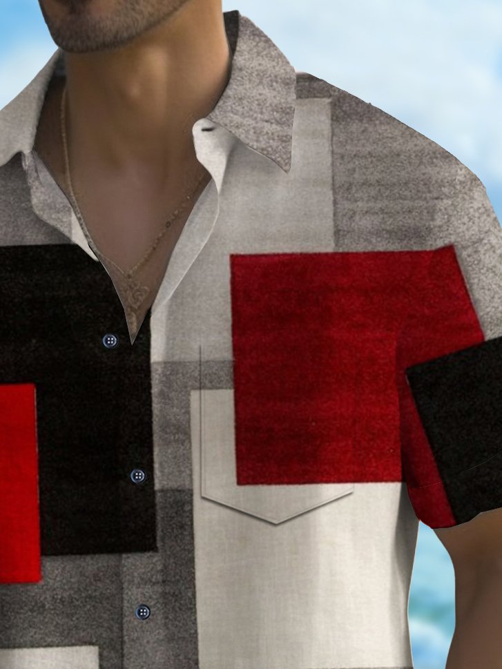 Royaura® Vintage Geometric Art Print Chest Pocket Shirt Plus Size Men's Shirt Big Tall