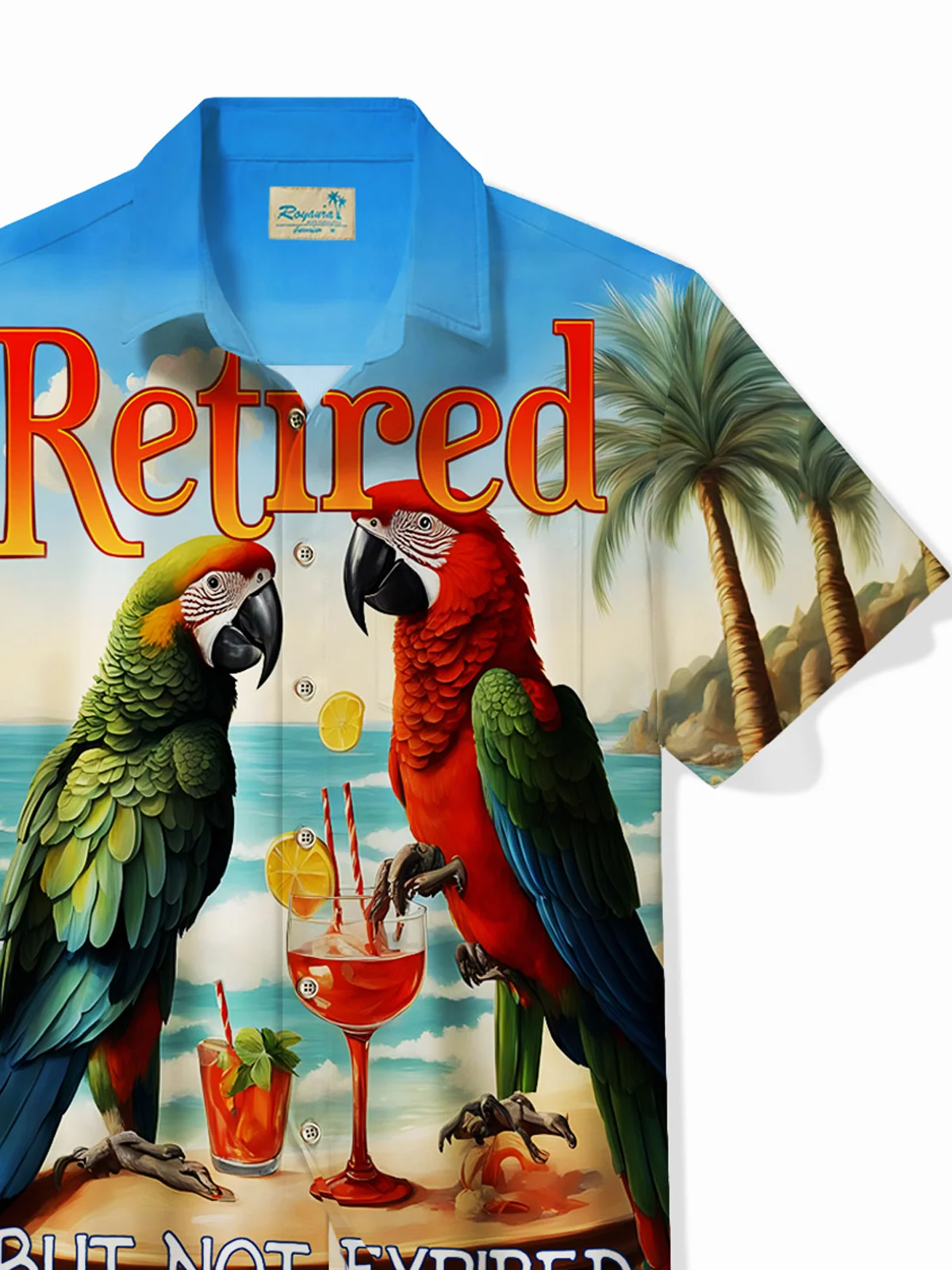 Royaura® Beach Men's Hawaiian Shirt Parrot Tropical Art Quick Dry "Retired But Not Expired" Pocket Camp Shirt Big Tall