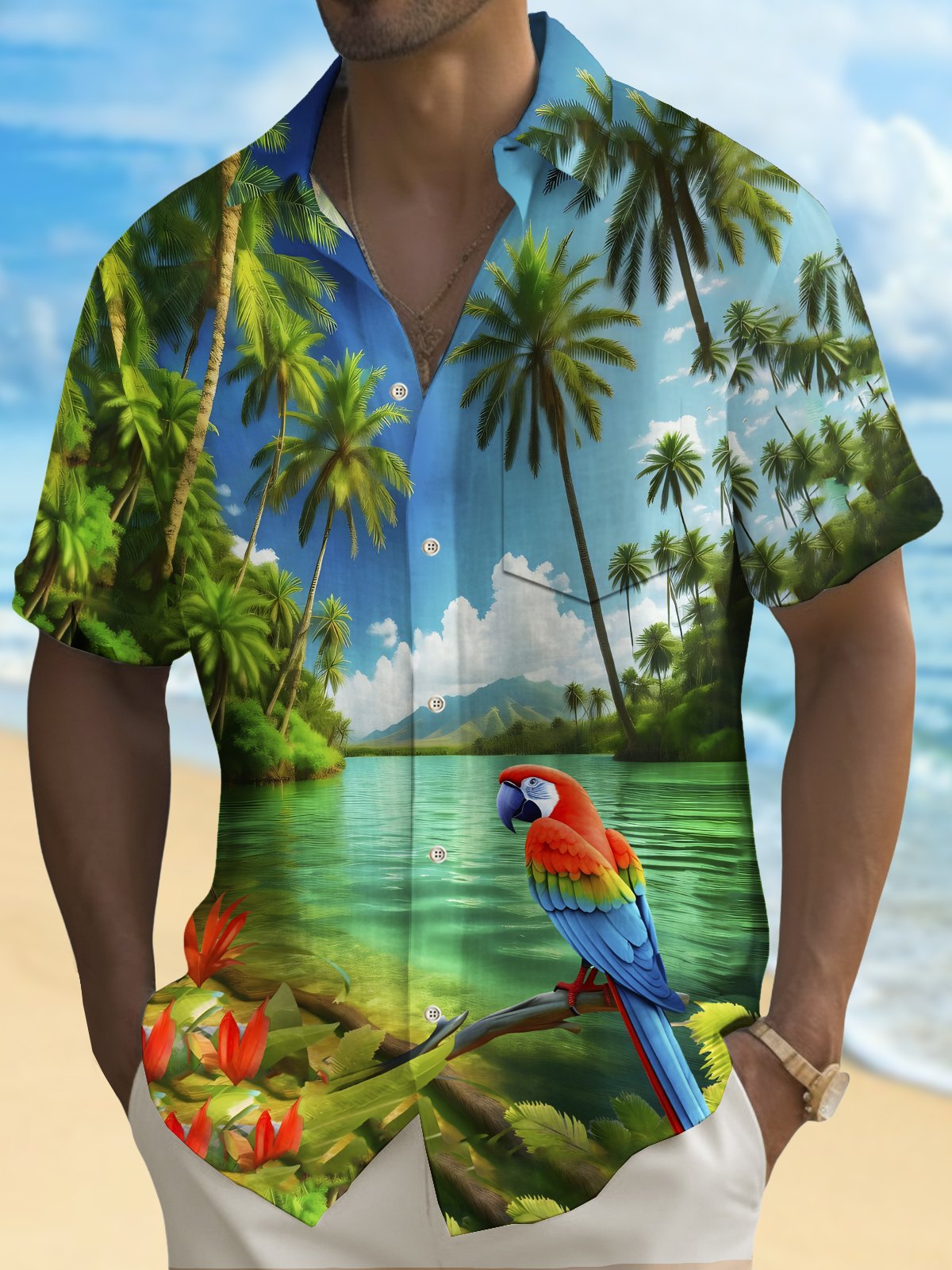 Royaura® Beach Vacation Men's Hawaiian Shirt Plant Parrot Print Pocket Camping Shirt Big Tall