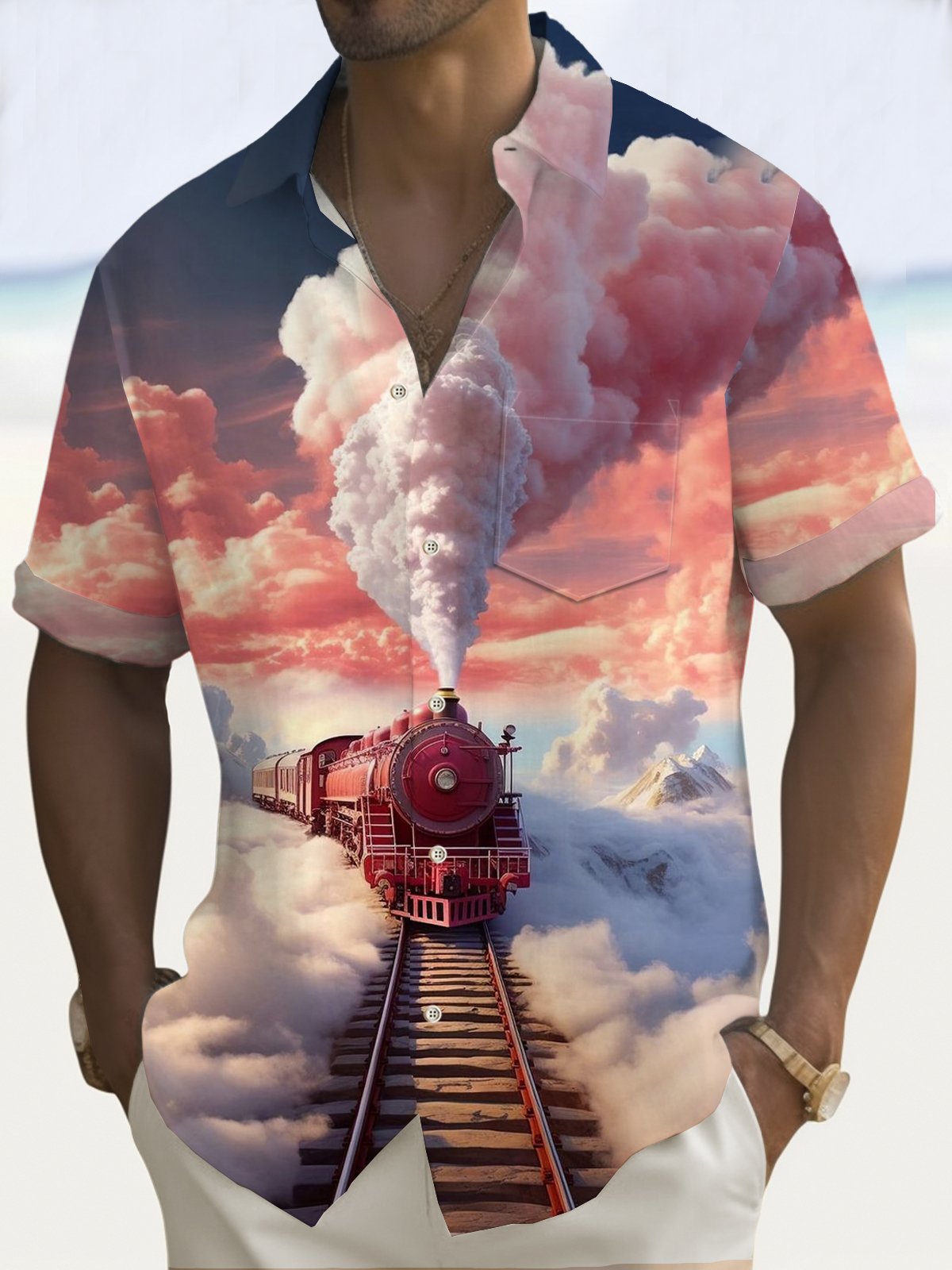 Royaura® Hawaiian Train Gradient 3D Print Men's Button Pocket Short Sleeve Shirt