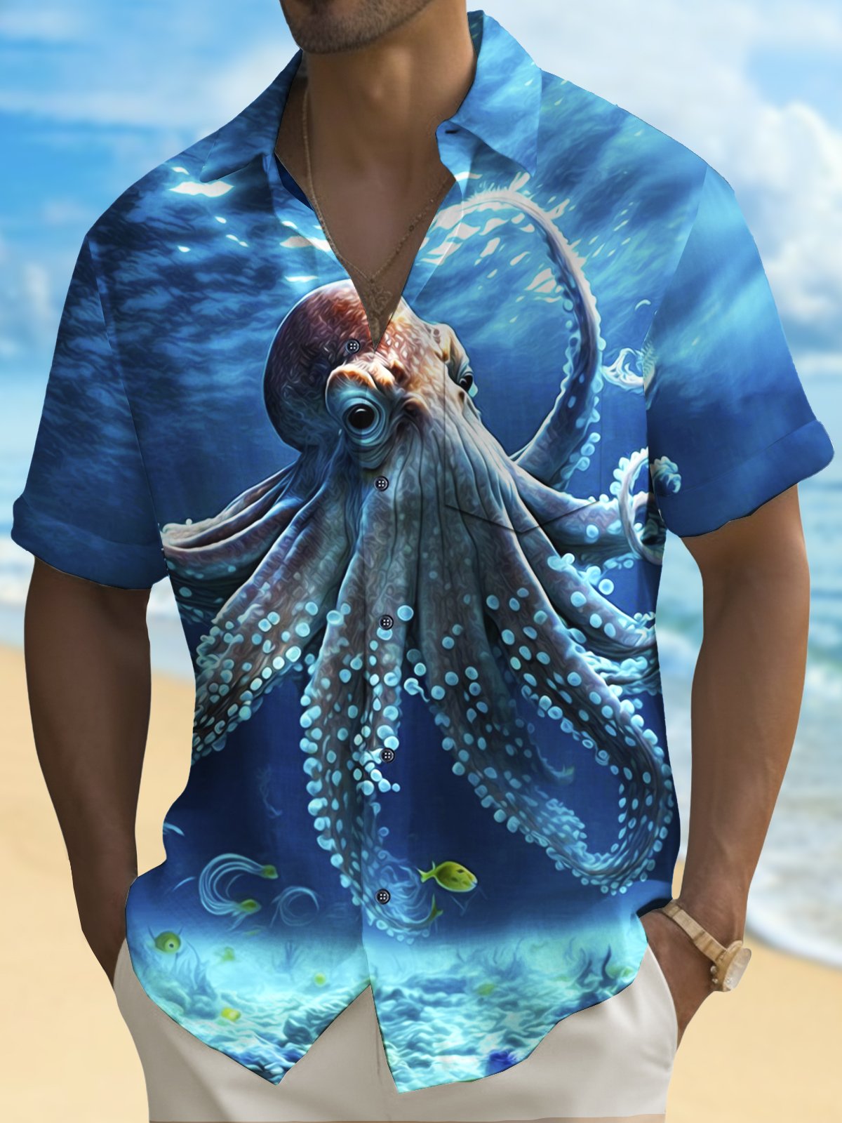 Royaura®  Beach Vacation Men's Hawaiian Shirt Ocean Octopus Print Pocket Camping Shirt Big Tall