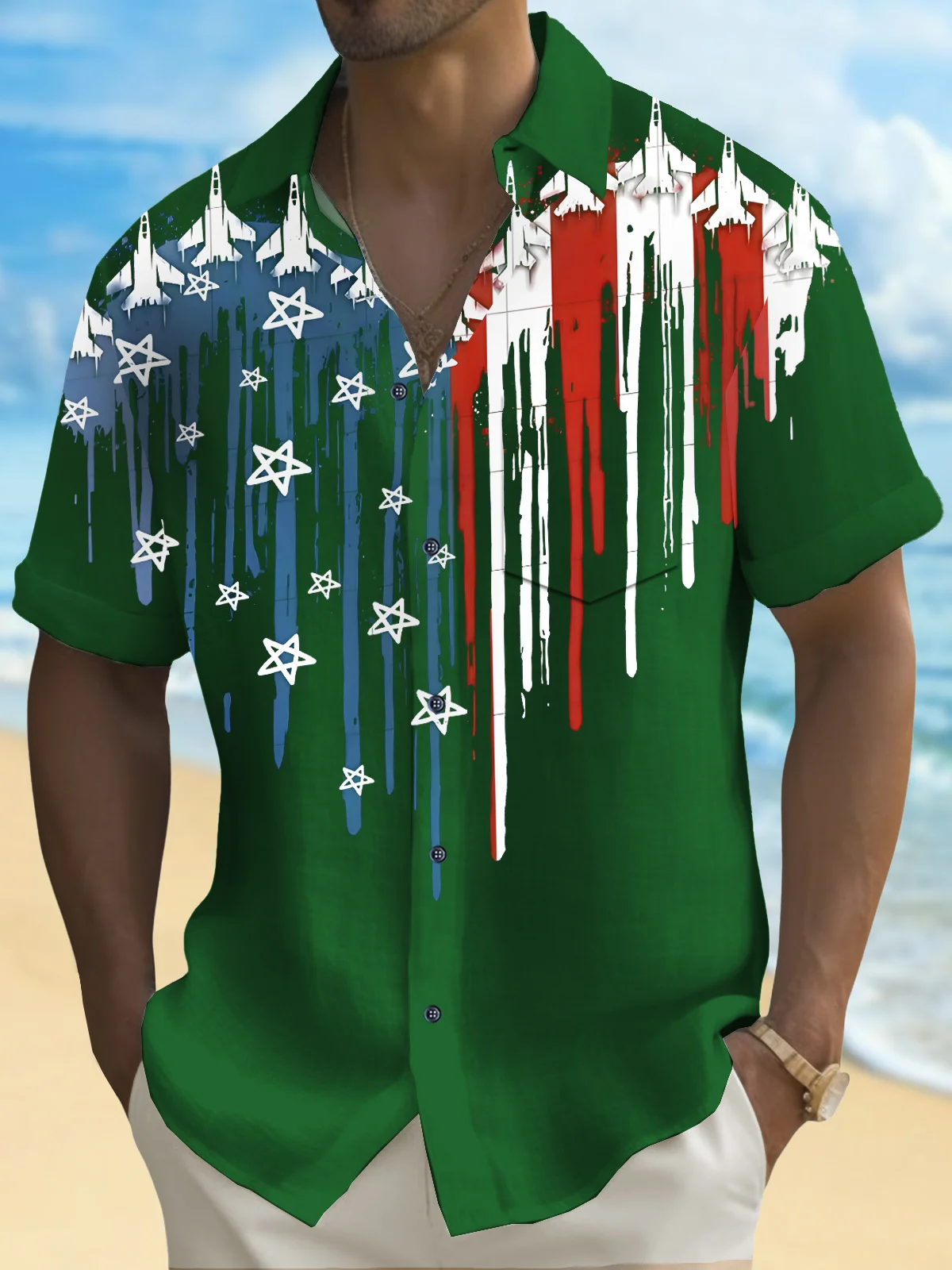 Royaura® Holiday Men's Independence Day Airplane Flag Printed Casual Breathable Short Sleeve Shirt Big Tall