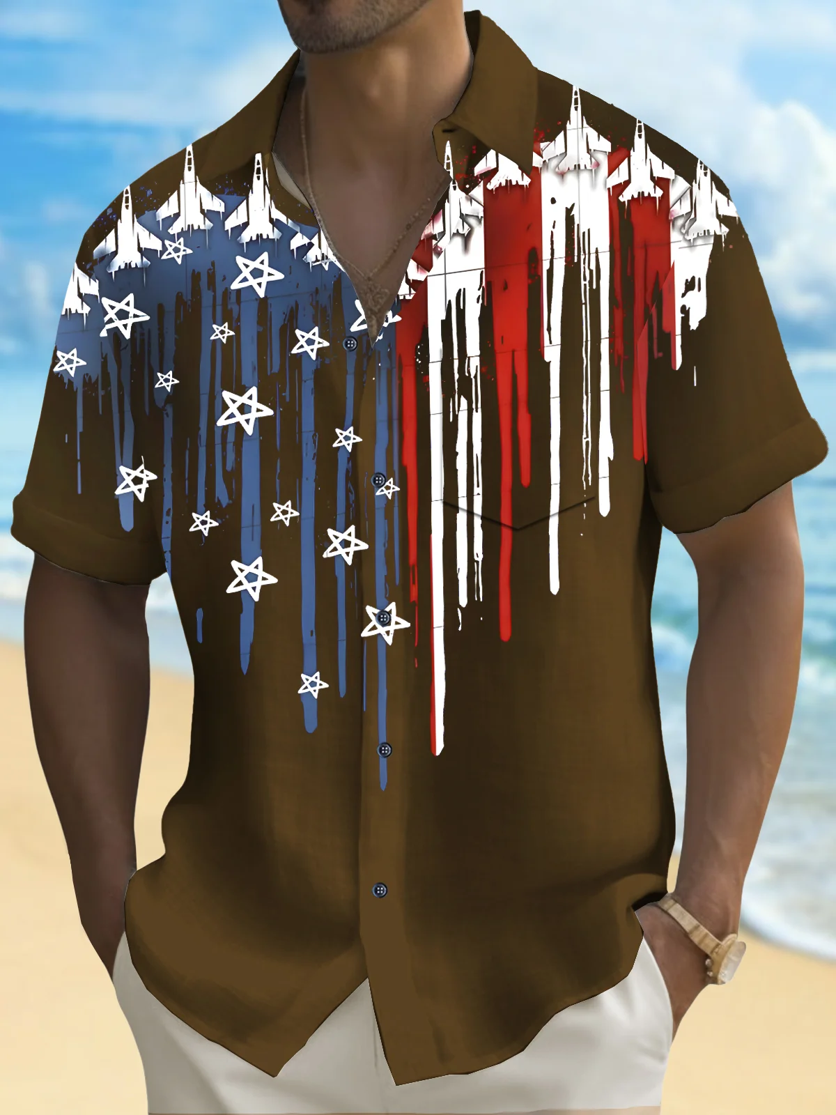 Royaura® Holiday Men's Independence Day Airplane Flag Printed Casual Breathable Short Sleeve Shirt Big Tall