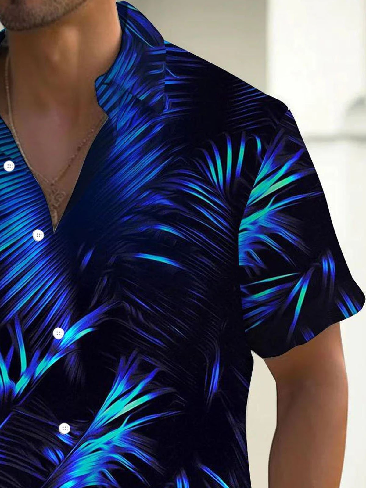 Royaura® Hawaiian Blue Floral Plant Leaves 3D Print Men's Button Pocket Short Sleeve Shirt