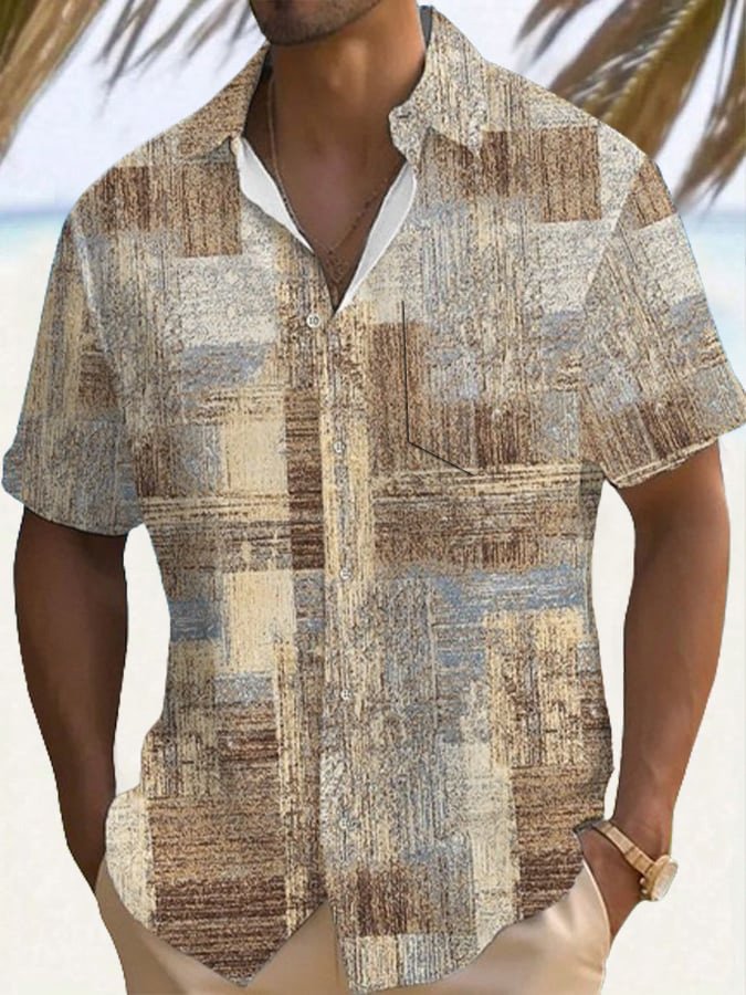 Royaura® 50's Vintage Art Textured Khaki Men's Hawaiian Shirt Camp Pocket Stretch Shirt Big Tall